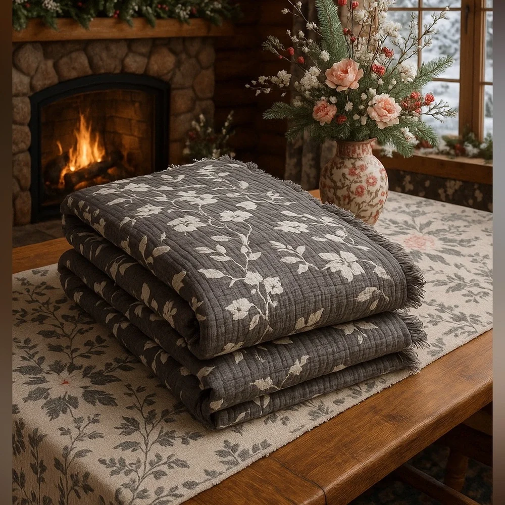 Earth Brown Taupe Floral Quilt Bedspread Dark Taupe Ecru Cream Loom Weave QUEEN